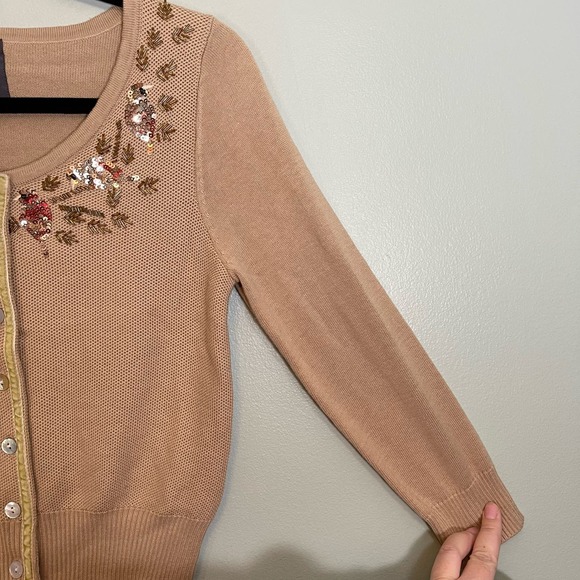 Knitted Dove Tan Sequin Embellished Long Sleeve Button Up Cardigan Sweater Small - Picture 8 of 9